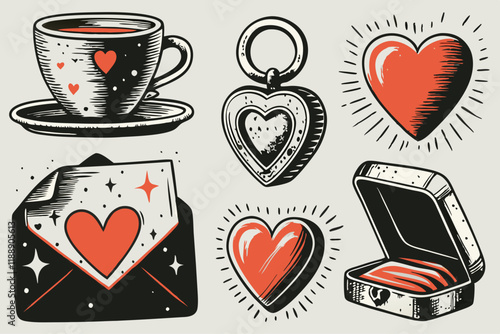 Retro-Inspired Love Icons: Coffee, Hearts, and Envelopes in Vintage Style