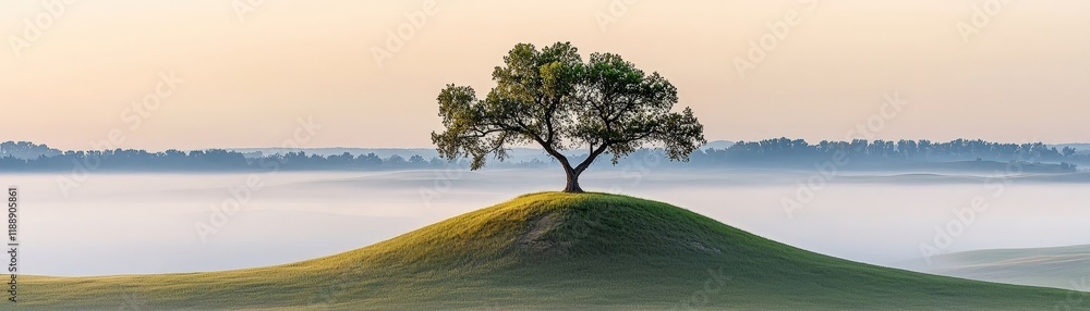 Solitary Tree on Rolling Hill at Sunrise Surrounded by Mist and Soft Fog in Serene Landscape Solitary Tree on Rolling Hill at Sunrise Surrounded by Mist and Soft Fog in Serene Landscape