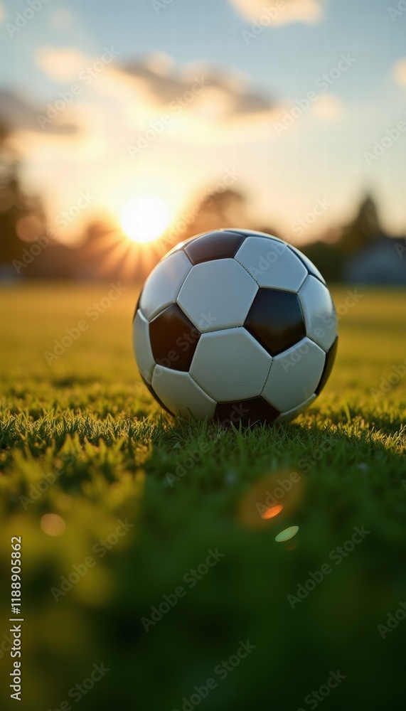 Fototapeta premium A close-up of a soccer ball on a lush green field during sunset, symbolizing the passion for the game and the spirit of sportsmanship.