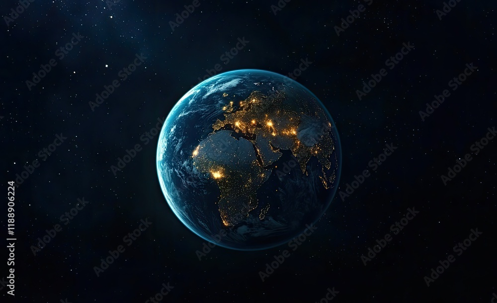 Obraz premium A wide shot of the Earth from space, with glowing city lights on its surface and interconnected lines representing global connectivity and data flow, against a dark background.
