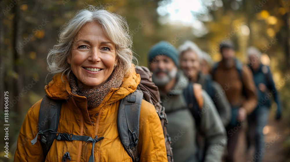 group of smiling seniors hiking in forest during autumn, enjoying nature group of smiling seniors hiking in forest during autumn, enjoying nature