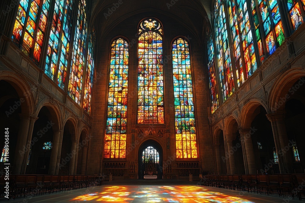 Obraz premium Beautiful stained glass windows illuminate the interior of a historic church during daylight