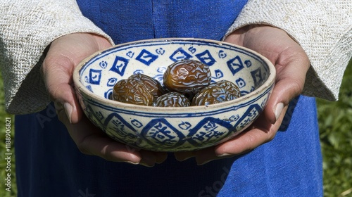 Unique preserved fruits in handcrafted bowl outdoor market food art and cultural heritage photo