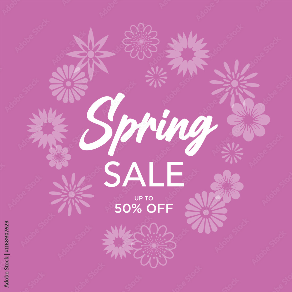 Naklejka premium Vector Spring Sale Advertisement with Floral Decorations and Discount Offer over a Purple Background