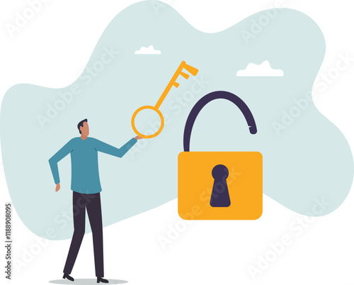 Golden key to unlock, solve business problem, professional to give solutions, success business key or unlock business accessibility.business concept.flat character.