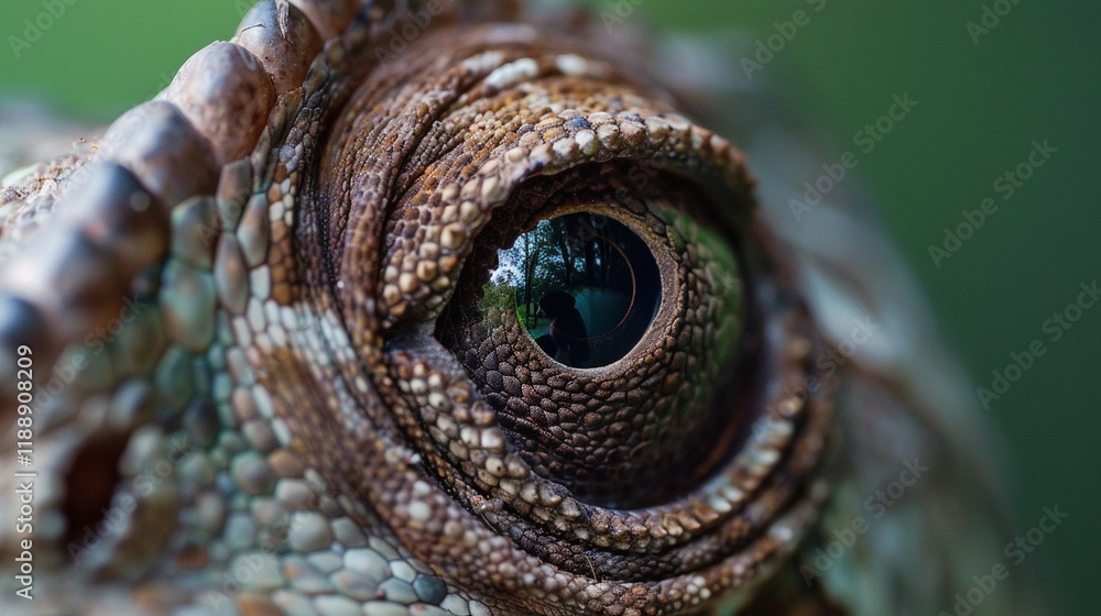 Naklejka premium A close-up of a chameleon's eye, showcasing its intricate patterns and textures, with a blurred green background emphasizing the subject's vivid colors.