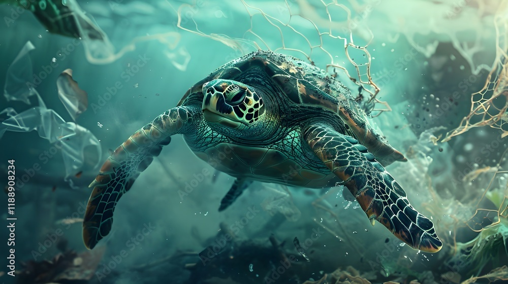 Fototapeta premium Trapped Turtle, The Impact of Ocean Pollution and Plastic Waste on Marine Wildlife and Ecosystems