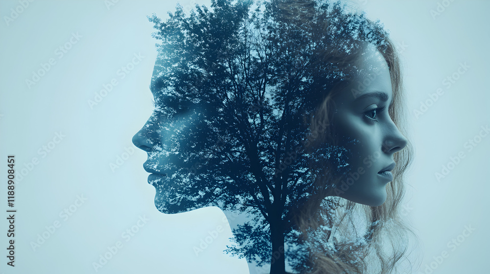 Double Exposure Portrait: Woman and Tree, a Serene Blend of Nature and Humanity. Woman's Day Double Exposure Portrait: Woman and Tree, a Serene Blend of Nature and Humanity. Woman's Day