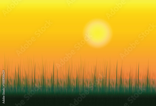 Vector Grassy Marsh Silhouette Against Vibrant Orange And Yellow Sunset or Sunrise Sky