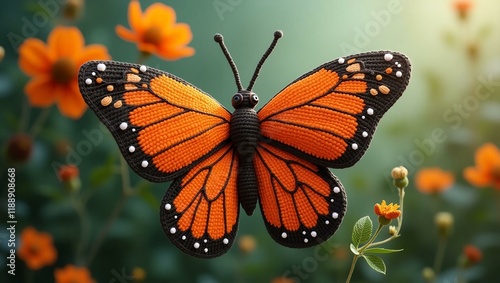 realistic highly detailed crochet of a butterfly with a nature background