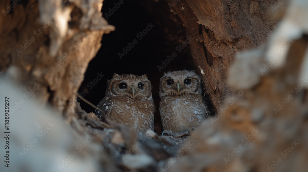 Fototapeta premium pair of owls sitting in hollow tree, their feathers blending with surroundings, create serene and captivating scene