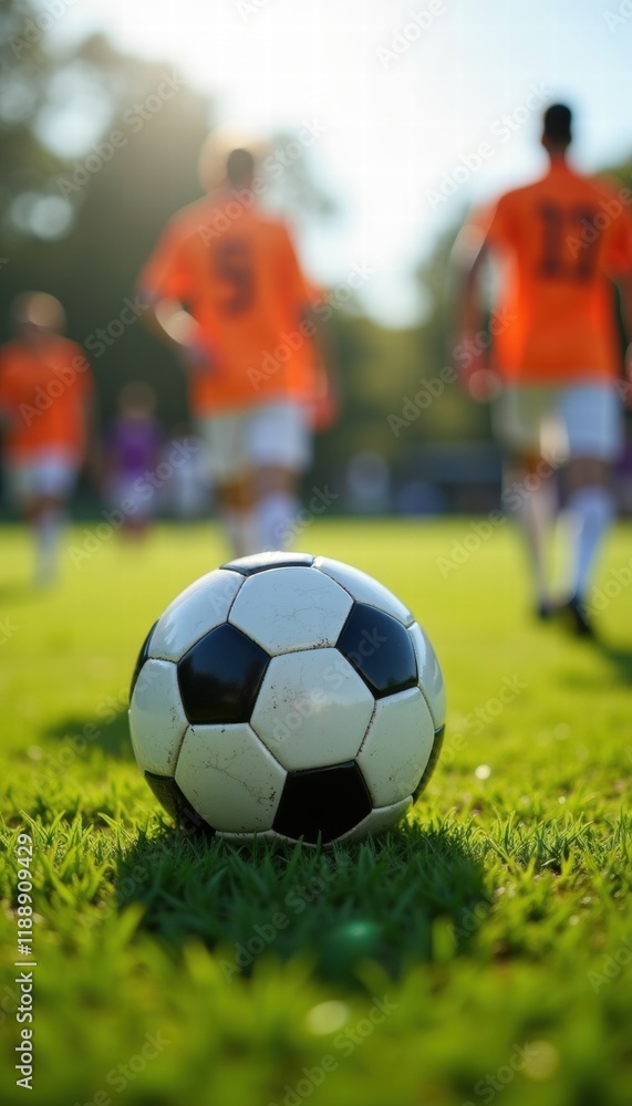 Fototapeta premium A vibrant scene of a soccer ball in focus, surrounded by players in orange jerseys, evoking the excitement and energy of the game.