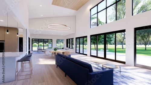 Modern House Interior Design - Open floor plan, natural light, sleek furniture, expansive windows, contemporary style. Symbolizing serenity, luxury, spaciousness, modernity, and nature.