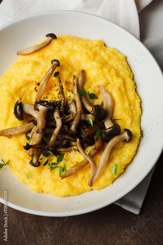 Creamy polenta with roasted shimeji mushrooms. photo