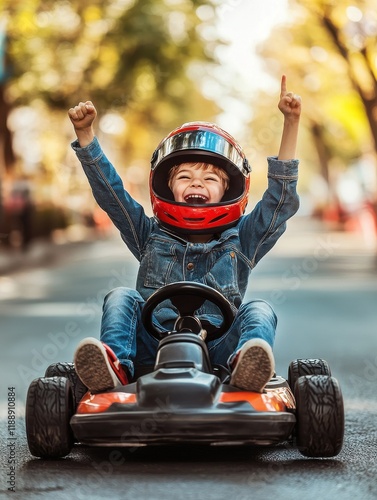 Happy laughing boy raising hand in victory after riding gokart outdoor. KId having fun and driving toy race car on street. Child exult while riding an electric or peddle toy auto wearing pilot helmet photo