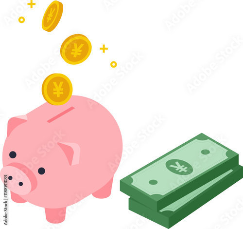 豚の貯金箱と日本円のコイン・紙幣のアイソメトリックイラスト