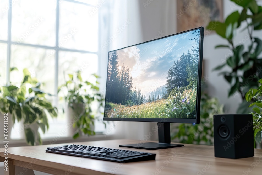 Fototapeta premium Stunning Nature Desktop Display: Enhance Your Workspace with Serene Scenery and a Modern Computer Setup, Optimizing Productivity with Green Ambiance.