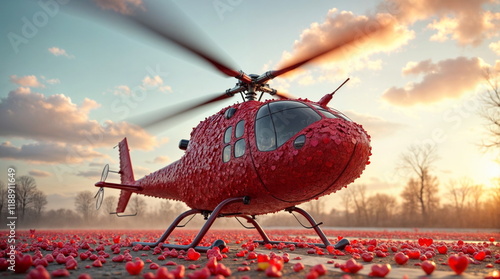 A red helicopter, densely covered with hearts, wrapped in love and warmth, gracefully takes off from the landing pad