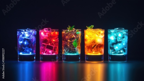 Five colorful cocktails in glasses, illuminated by blue light, creating a vibrant and refreshing display against a dark background, perfect for a cocktail party setting.