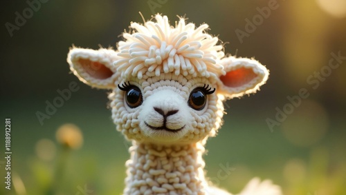 realistic highly detailed crochet of a llama with a nature background photo