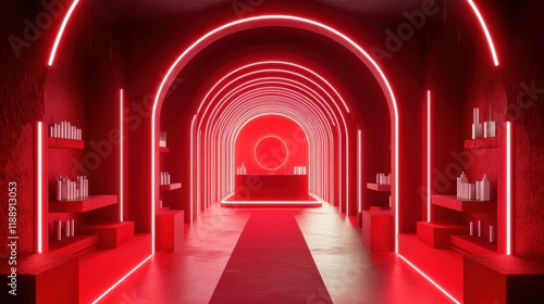 Vibrant red stage featuring neon lights for product display, red, stage, neon lights, product display, vibrant illustration photo