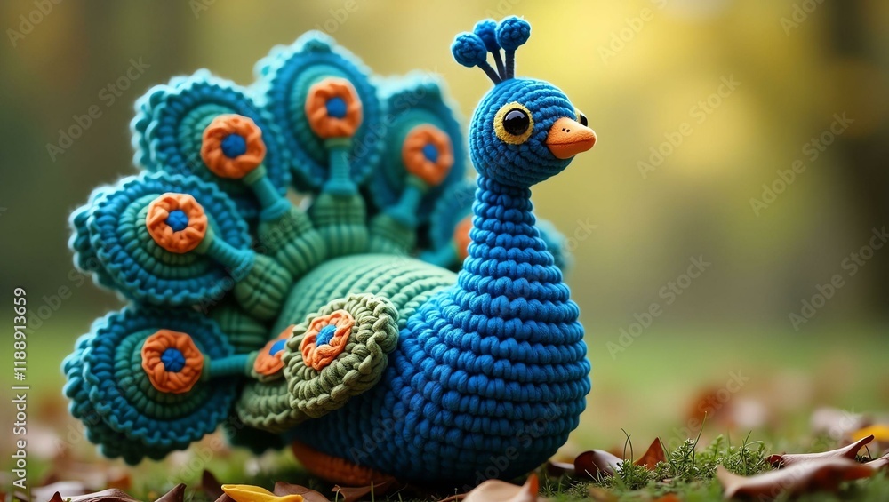 Obraz premium realistic highly detailed crochet of a peacock with a nature background