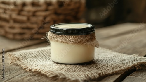 Pure or desi ghee (ghi), clarified melted butter. Healthy fats bulletproof diet concept or paleo style plan. Glass jars on vintage sackcloth. Wooden boards background, copy space, close up photo