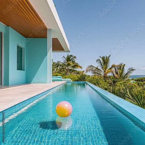 A luxurious infinity pool with a colorful beach ball, surrounded by tropical palm trees and a clear view of the ocean photo