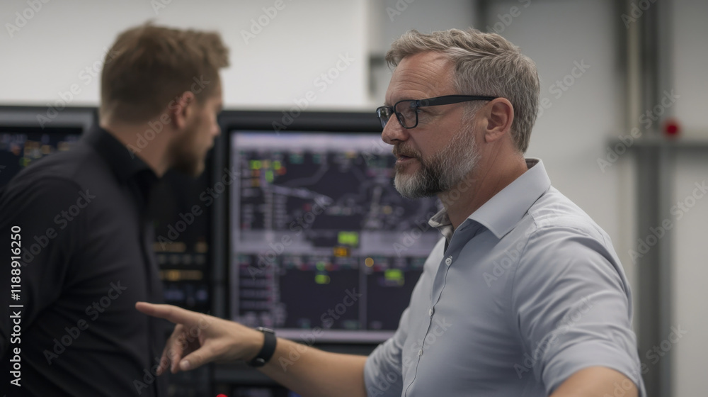 Two men discussing navigation in control room, focused on screens. atmosphere is professional and collaborative, highlighting teamwork in aviation Two men discussing navigation in control room, focused on screens. atmosphere is professional and collaborative, highlighting teamwork in aviation