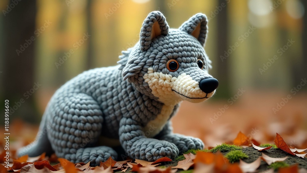 Obraz premium realistic highly detailed crochet of a wolf with a nature background