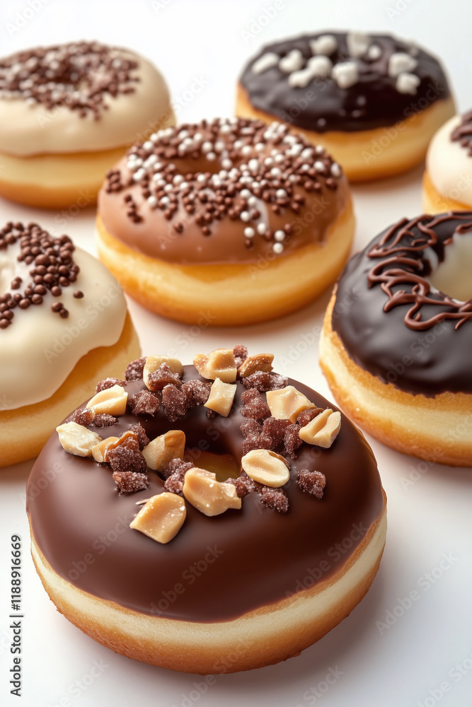 Collection of various chocolate donuts stacked together on a white background Collection of various chocolate donuts stacked together on a white background