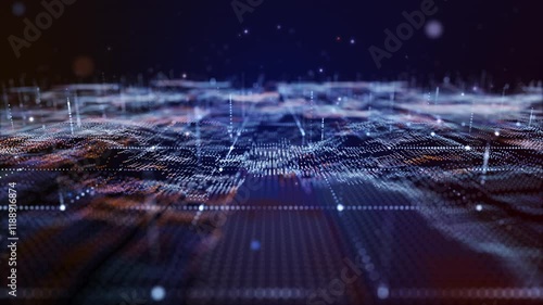 Flying through futuristic digital geology terrain, digital data telemetry and engineer topography with contour lines. 3D wireframe cartography concept.