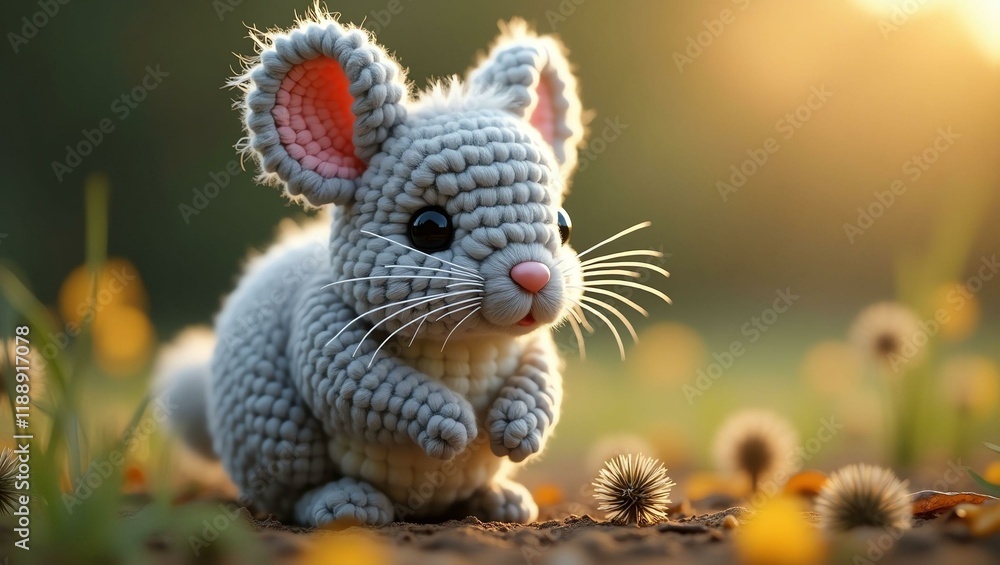 Fototapeta premium realistic highly detailed crochet of a chinchilla wit with a nature background