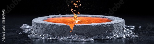 Molten Lava Flowing from Cracked Lava Dome with Splashing Water Drops in Dark Background photo