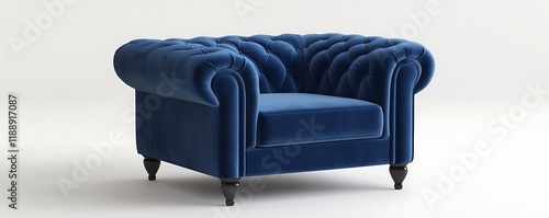 Chic velvet armchair in sapphire blue, 3D rendered from wide angle, clean white backdrop,