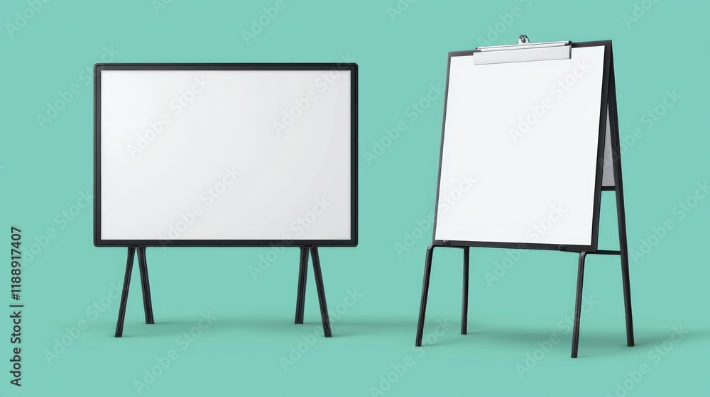 3D vector icons including blank whiteboard, flip chart, and black stand for business ads. 3D vector icons including blank whiteboard, flip chart, and black stand for business ads.
