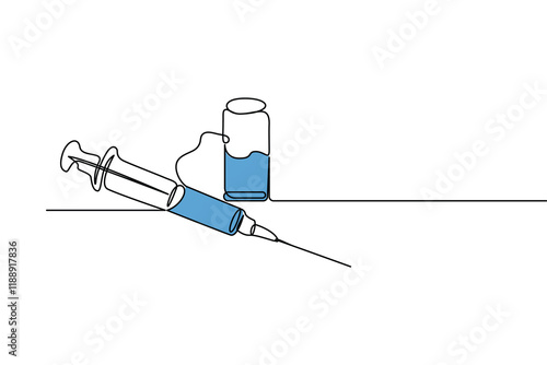 Vaccine and syringe continuous one line art drawing and vaccine icon simple vector illustration