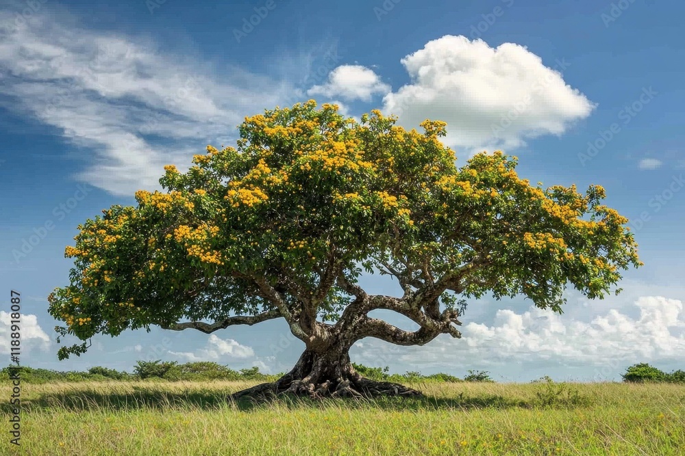 Vibrant flowering tree stands majestically in open grassland under a bright blue sky with fluffy clouds Vibrant flowering tree stands majestically in open grassland under a bright blue sky with fluffy clouds