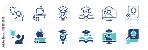 knowledge cognition icon line set smart student intelligence achievement with graduation cap and lightbulb book signs vector outline illustration