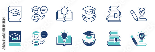 education knowledge cognition icon set intelligence learning achievement book innovation idea with graduation hat signs vector illustration for web and app