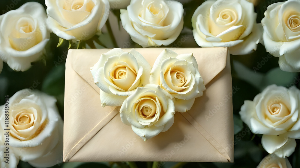 A beautiful arrangement of white roses in a heart shape atop an envelope, perfect for romantic gestures.