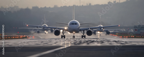 Airplanes taxiing on runway during early morning, showcasing simultaneous takeoffs in misty atmosphere. scene captures excitement of air travel