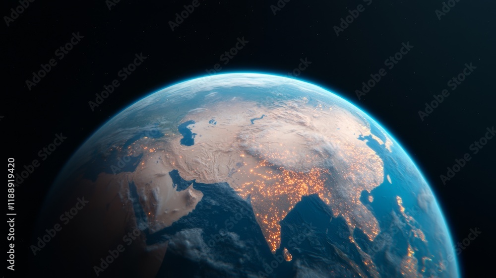 Obraz premium A stunning view of Earth from space, showcasing parts of Asia illuminated by city lights against the backdrop of the universe.