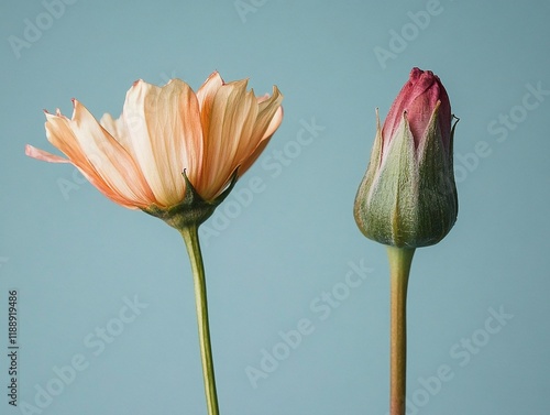 Macro photograph of a blooming tulip beside a withered flower stem highlighting the cycle of life