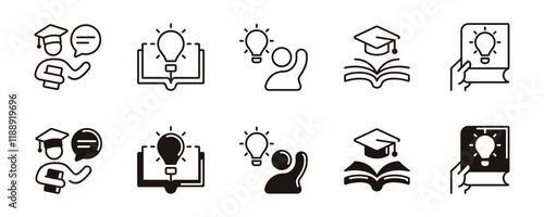 cognition knowledge icon set smart student intelligent achievement with graduation cap and lightbulb book creative thinking signs vector illustration for web and app