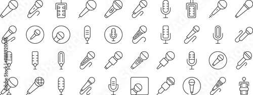 Set of Microphone Related Line Icons. Outline Signs for Graphic and Web Design, Apps, Adverts, Various Cards