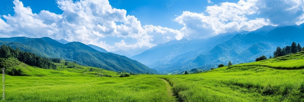 Fototapeta premium Serene Mountain Valley Landscape - Tranquil valley, lush green fields, winding path, majestic mountains, bright sky. Symbolizes peace, nature, journey, growth, and freedom.