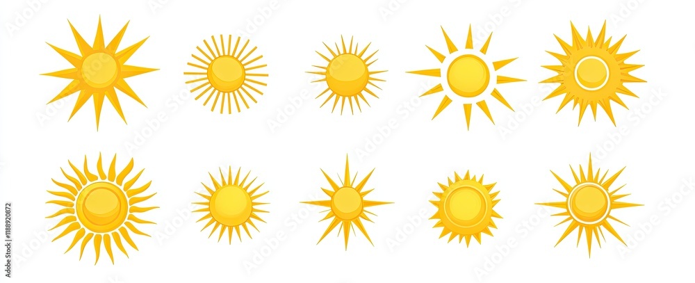A set of yellow sun icons on a white background, simple shapes, vector graphics, flat design style, graphic design elements for web and mobile applications, graphic elements in the form of a sun A set of yellow sun icons on a white background, simple shapes, vector graphics, flat design style, graphic design elements for web and mobile applications, graphic elements in the form of a sun