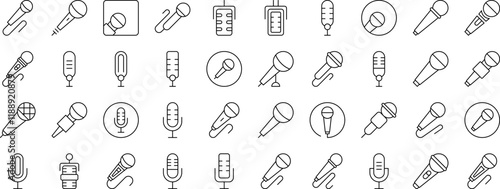 Pack of Microphone Related Line Icons. Outline Signs for Graphic and Web Design, Apps, Adverts, Various Cards