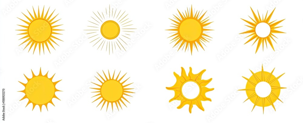 A set of yellow sun icons on a white background, simple shapes, vector graphics, flat design style, graphic design elements for web and mobile applications, graphic elements in the form of a sun A set of yellow sun icons on a white background, simple shapes, vector graphics, flat design style, graphic design elements for web and mobile applications, graphic elements in the form of a sun